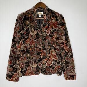 Talbots Jacket Womens 8 Black Paisley Cotton Silk Blend Velvet Blazer Collarless